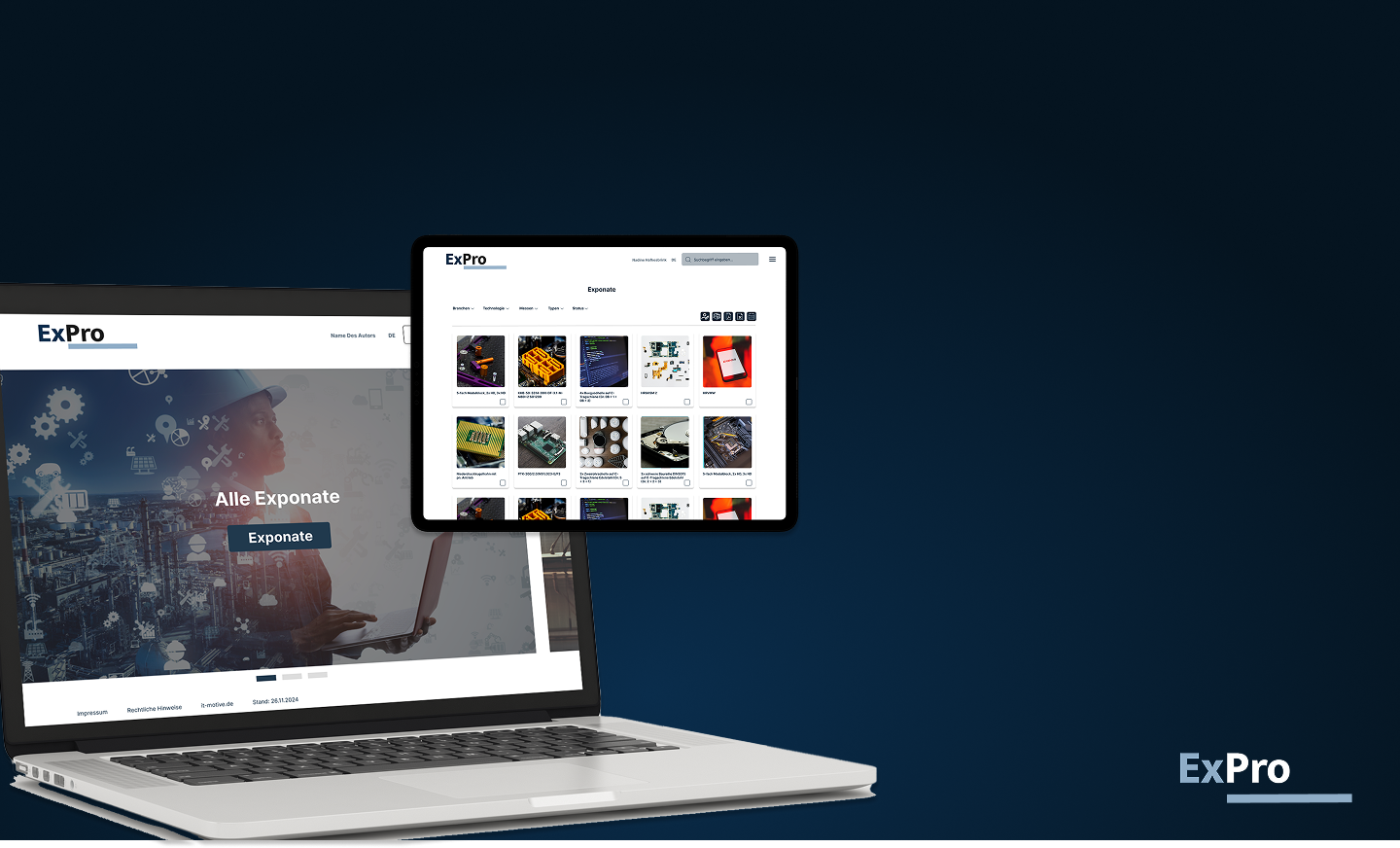 ExPro Software auf Laptop und Tablet: Digitaler Exponatekatalog für Messeveranstalter und Aussteller zur zentralen Datenverwaltung